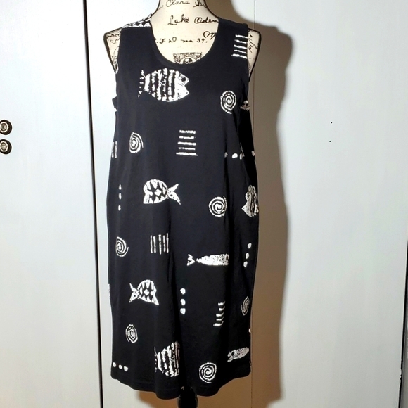 M.Mac Women'sBlack & White Midi Dress/ Beach Cover up Fish theme Sz. Medium - Picture 1 of 4